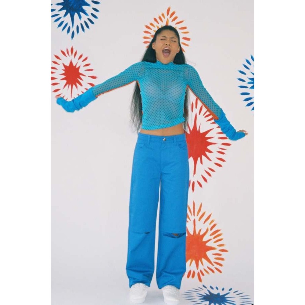 KkCo Straight‎ Slit Pants 25 Blueberry Blue Cotton Twill Knee Cut Out Trousers